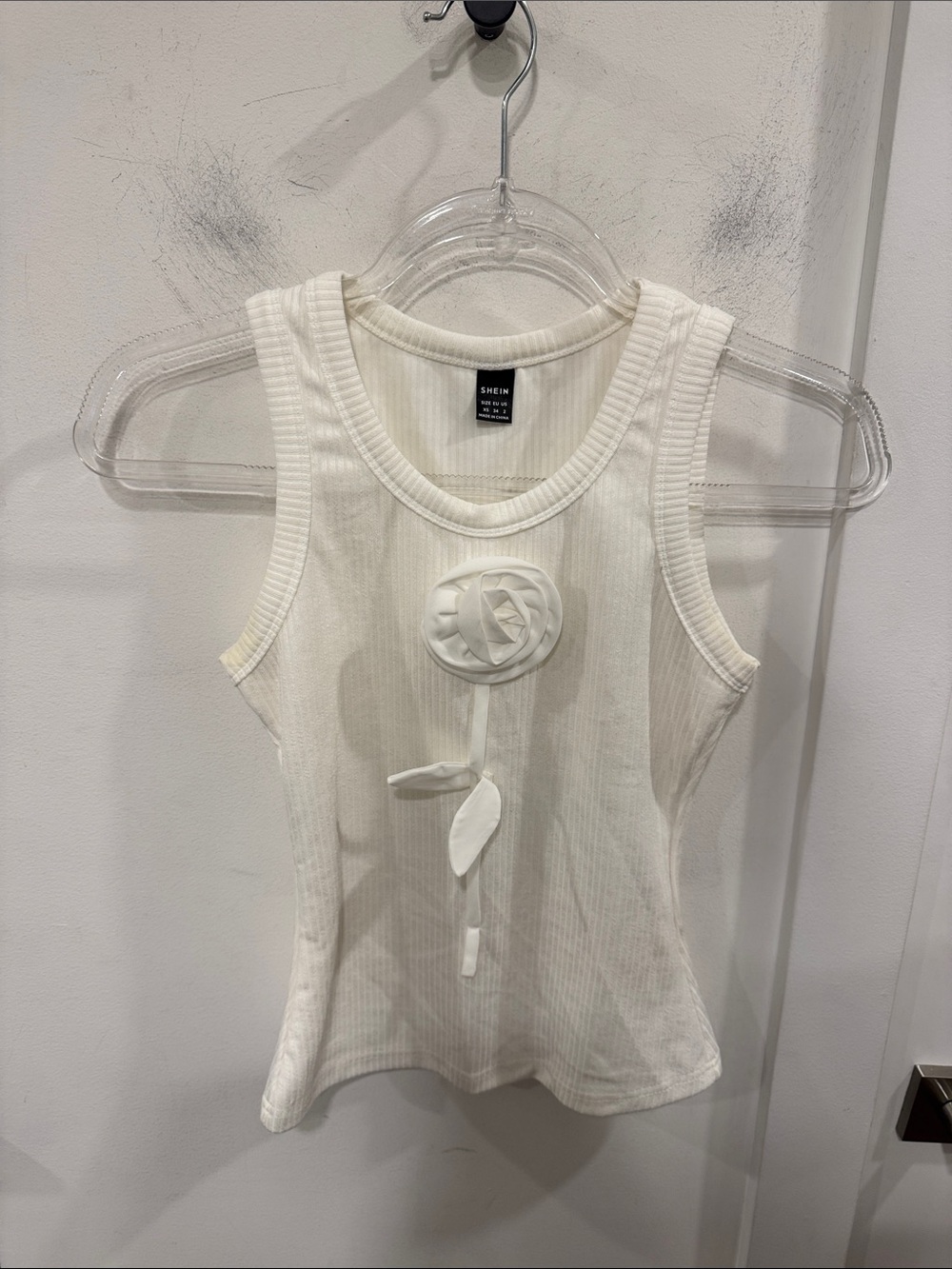 SHEIN White Ribbed Tank with 3D Floral Detail